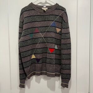 Cattivo Vintage Mens XL Shetland Wool Striped Geometric Crewneck Sweater Gray